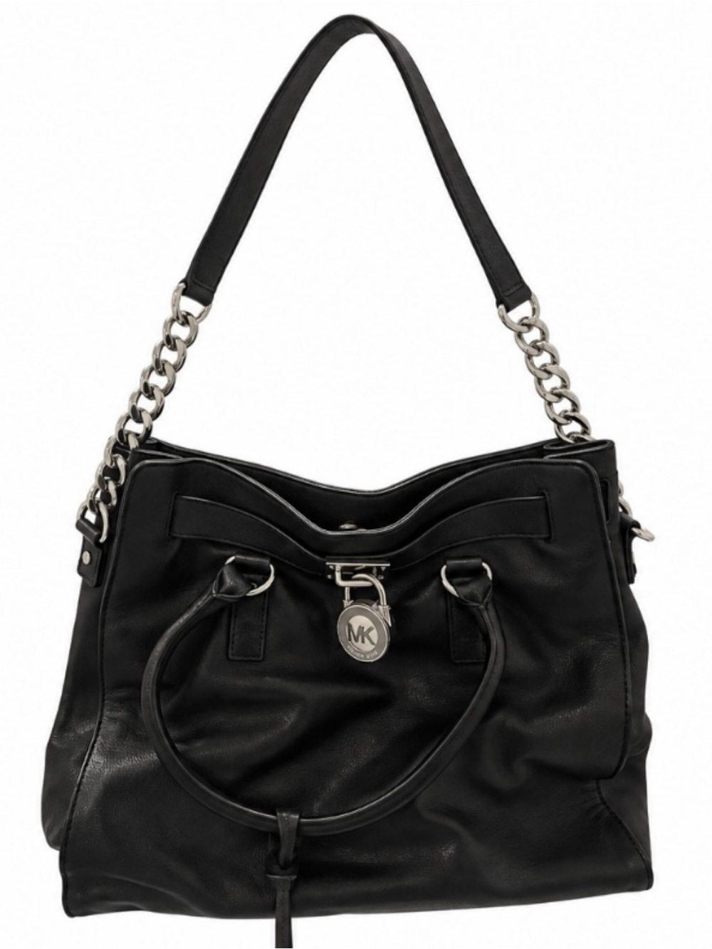 Michael Kors Hamilton Black Leather Satchel Tote Silver Chain MK Lock